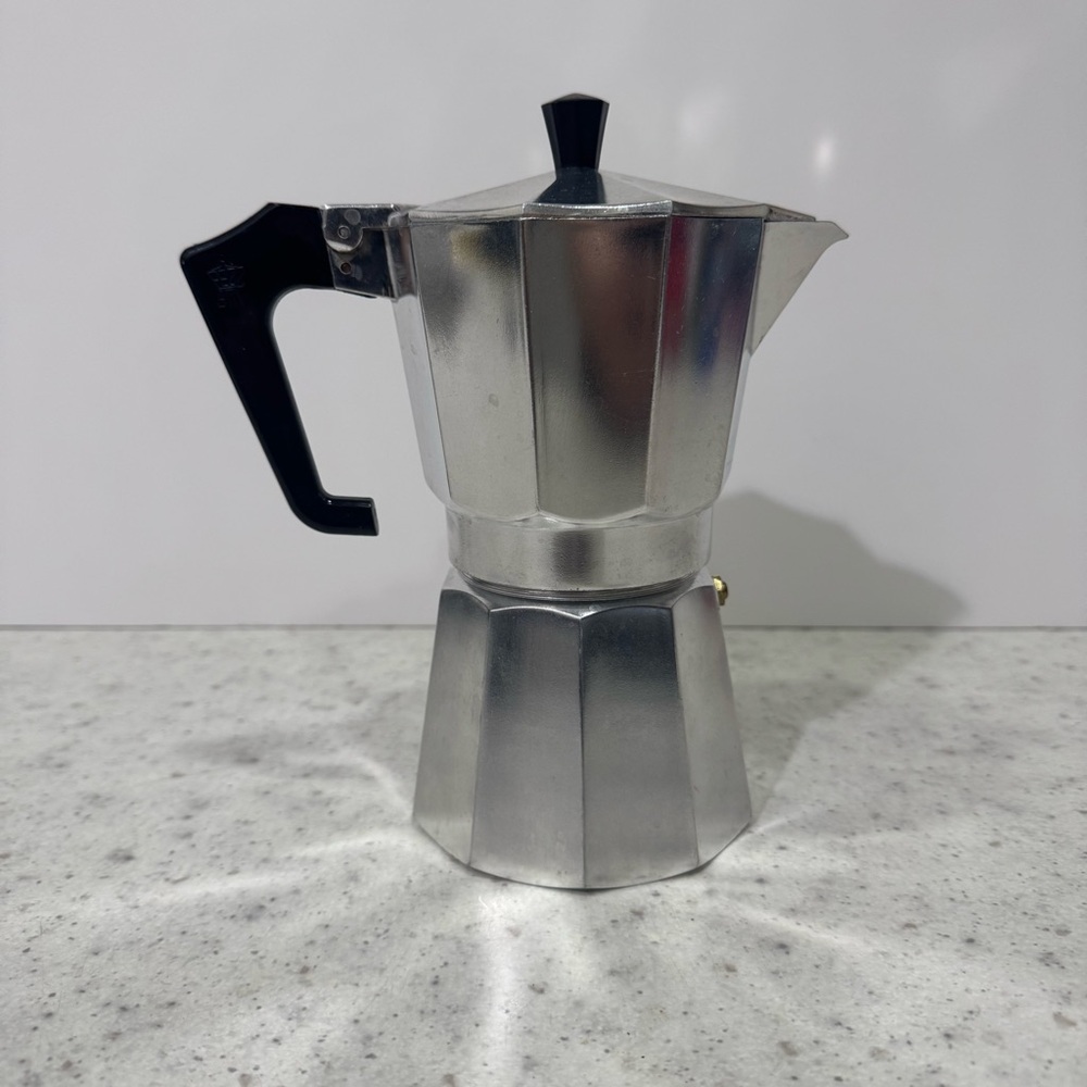 Pezzetti Aluminum Stovetop Espresso 6cup Maker Silver and black GUC